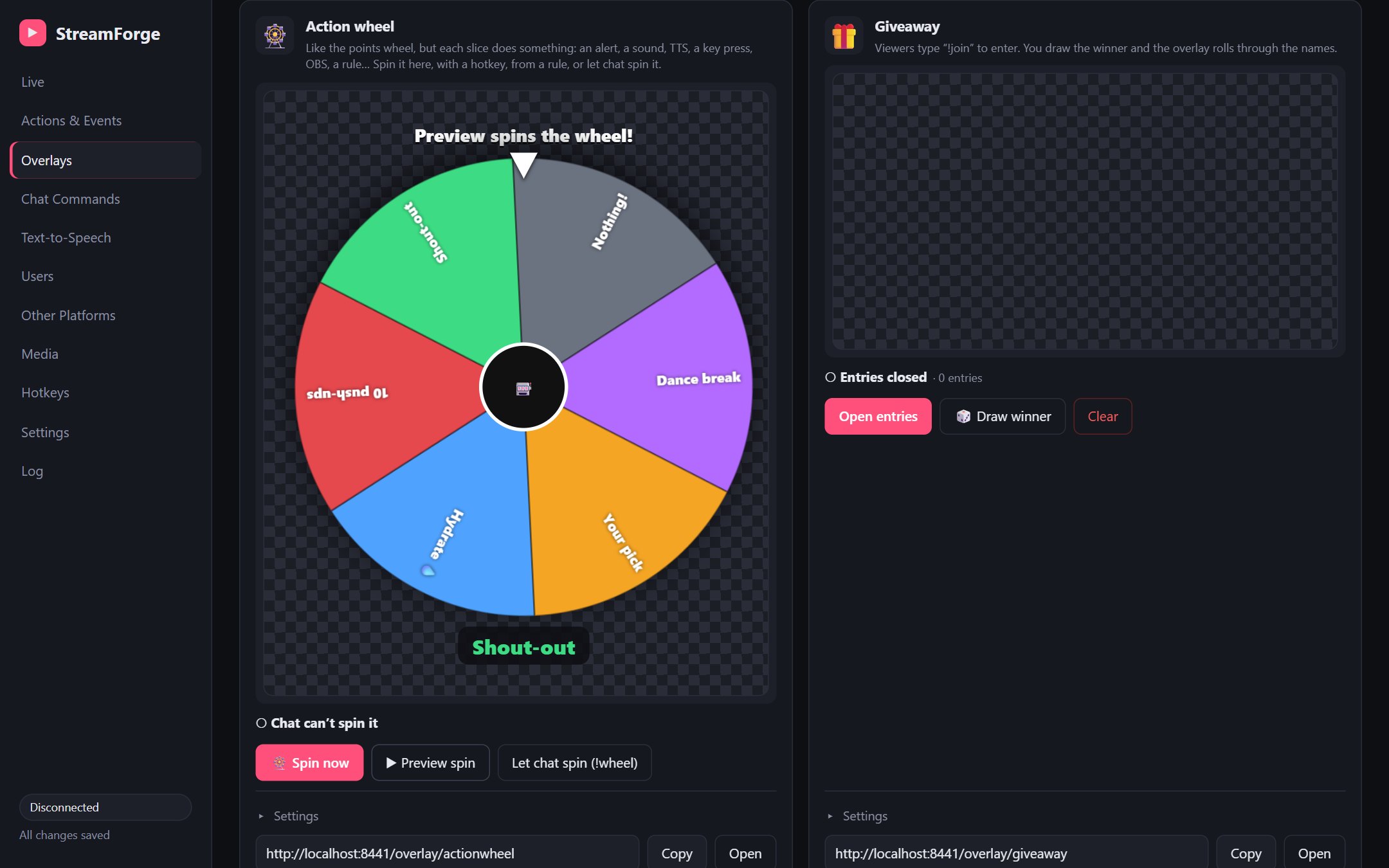 The Extras overlays: an action wheel with slices like Shout-out, Hydrate and Dance break, next to the giveaway overlay.