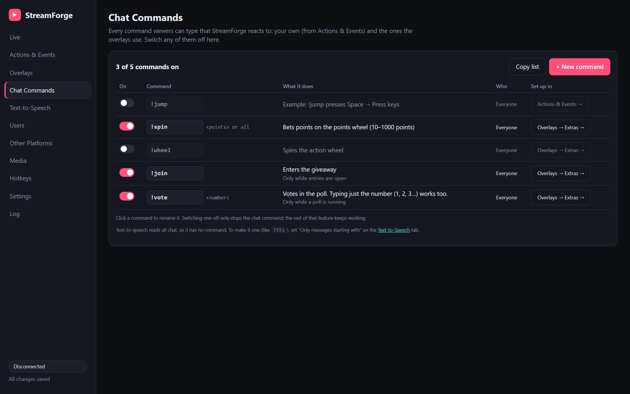 Chat Commands: every command with on/off switches