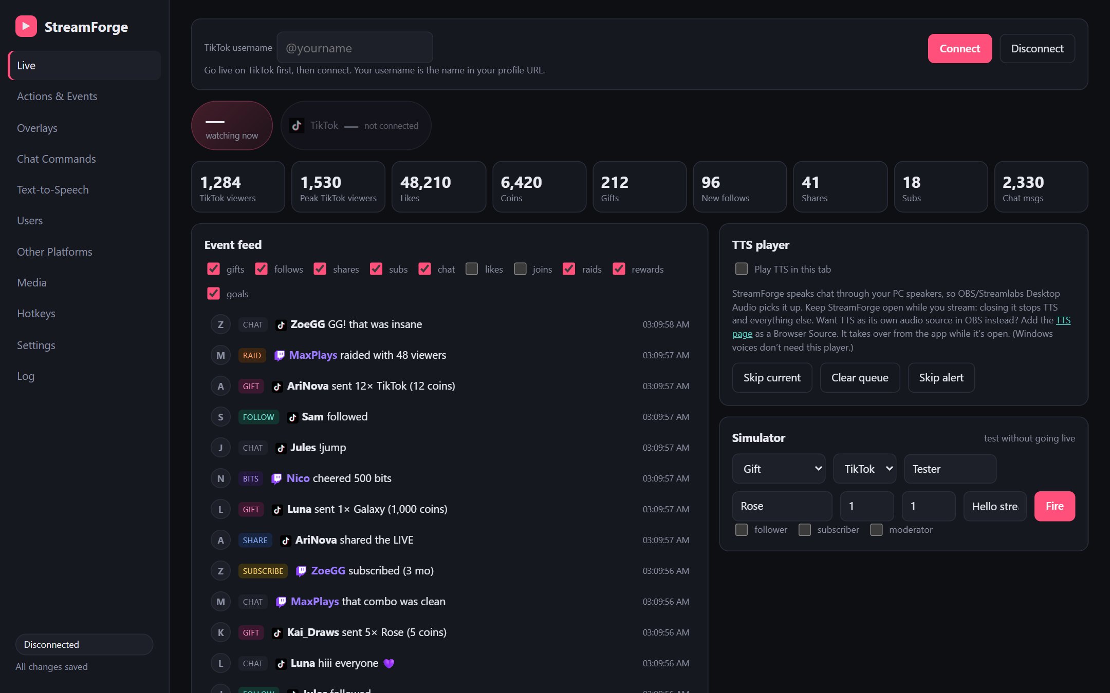 The StreamForge Live dashboard: viewer and gift counters and an event feed with gifts, follows, subs, raids and chat from TikTok and Twitch.