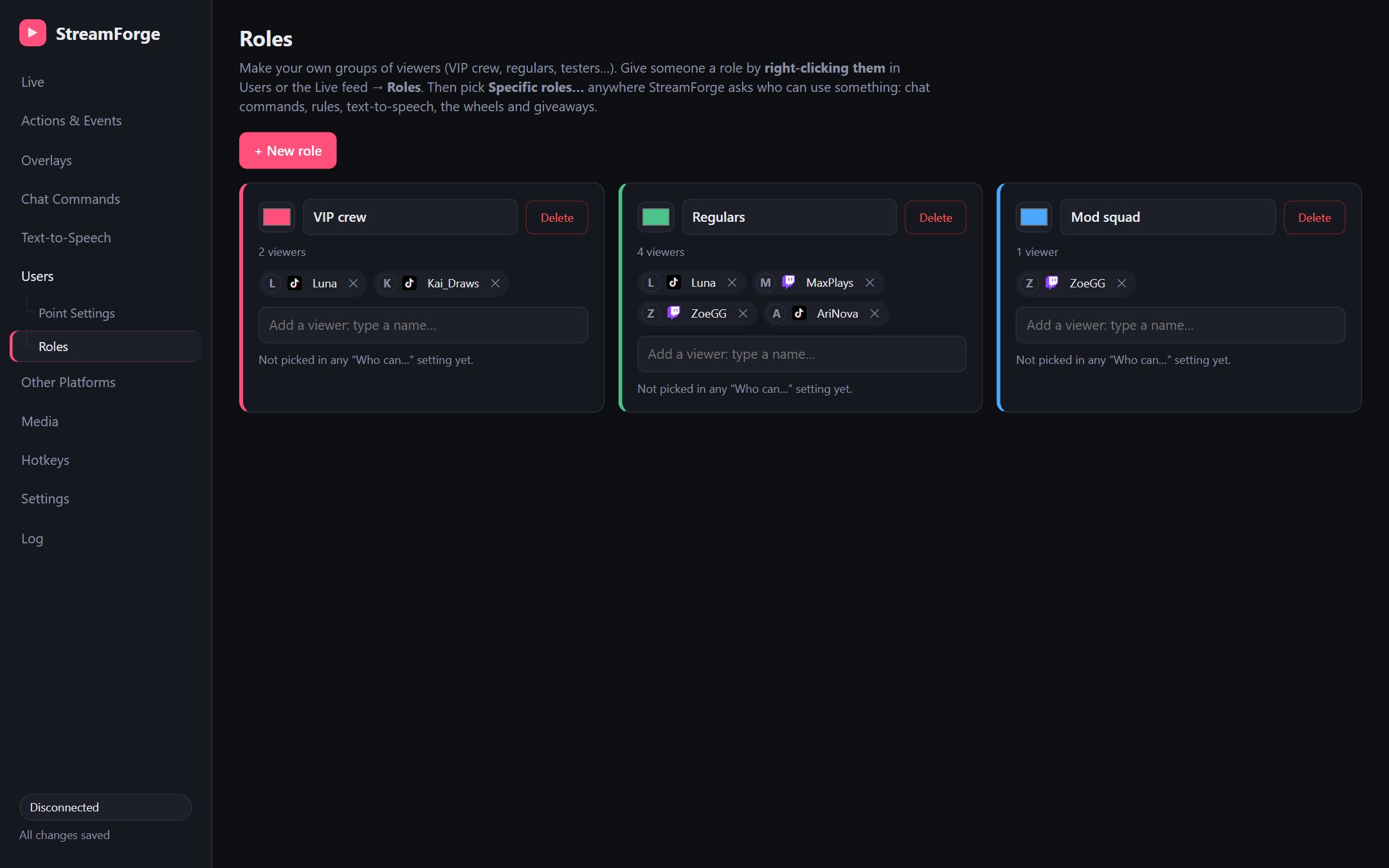 The Roles tab: VIP crew, Regulars and Mod squad, each listing the viewers who have it.