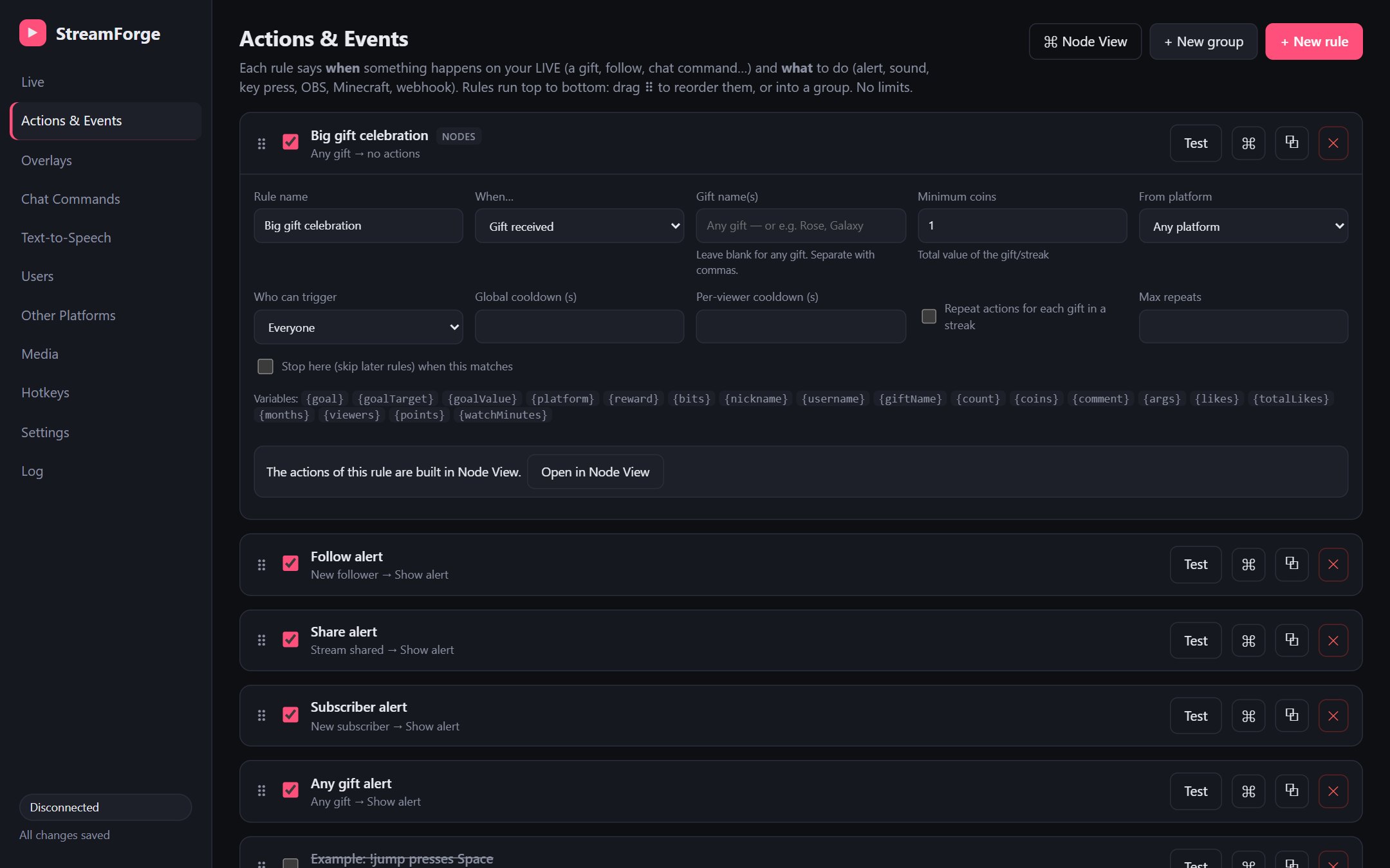 Actions and Events: rules in a list with groups