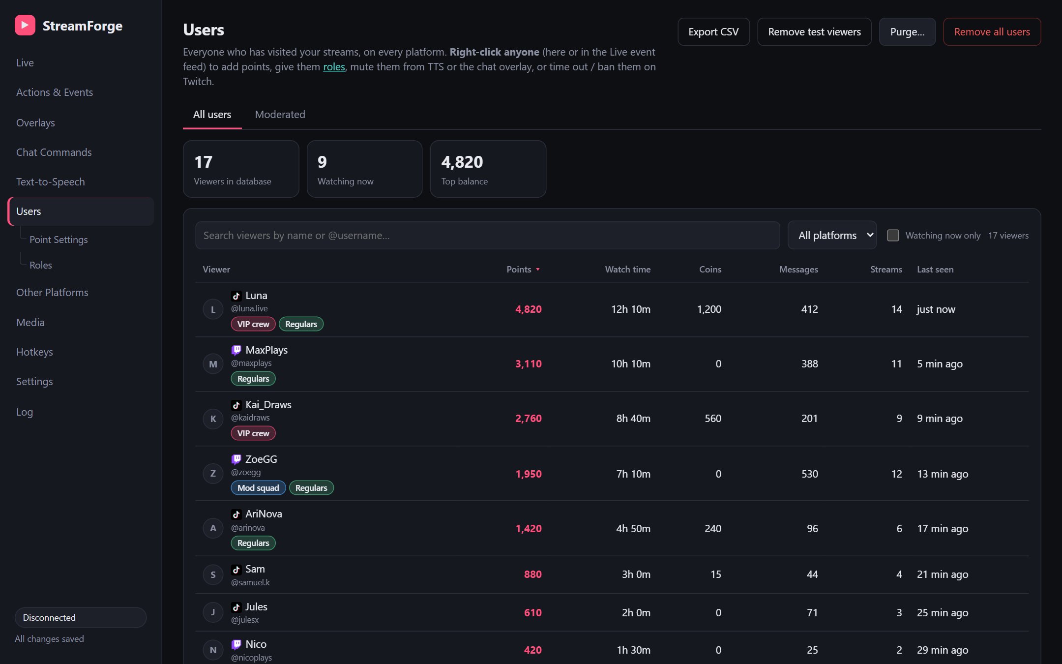 Users: everyone who watched, with points and watch time